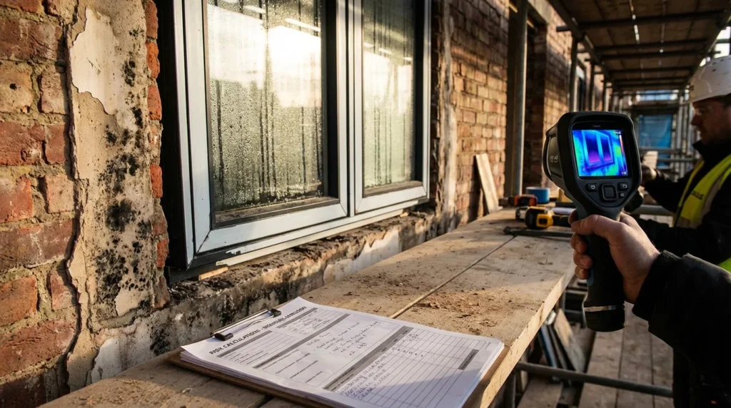 Ein Bauarbeiter installiert ein Fenster. Man sieht Feuchtigkeitsschäden und Schimmel um den schlecht abgedichteten Fensterrahmen. Kondenswasser tropft am Glas herunter. Der Arbeiter trägt einen Helm und konzentriert sich auf seine Arbeit.