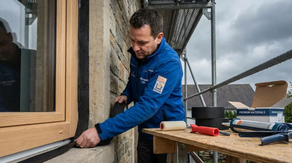 Ein Fensterbauer bringt sorgfältig ein hochwertiges Dichtungsband an der Außenseite eines Fensterrahmens an. Man sieht die Dehnungsfuge deutlich. Der Arbeiter trägt Arbeitskleidung und konzentriert sich auf seine Aufgabe.