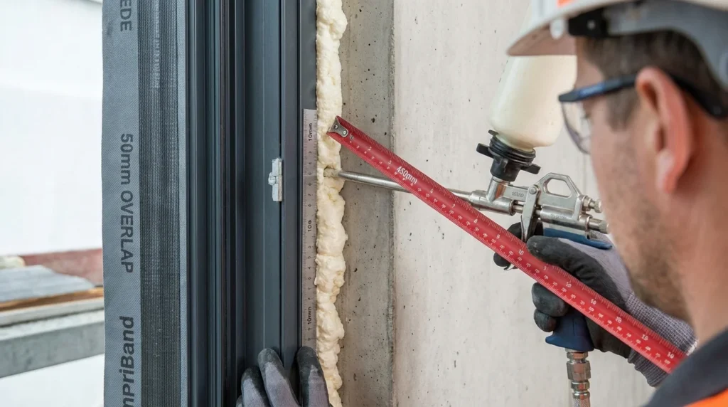 Nahaufnahme einer Fensterrahmeninstallation: Ein Arbeiter trägt mit einer professionellen Schaumstoffpistole Isolierungsschaum in die mittlere Dichtungsebene auf. Der Rahmen ist teils eingebaut, und der Schaum sorgt für eine optimale Abdichtung.