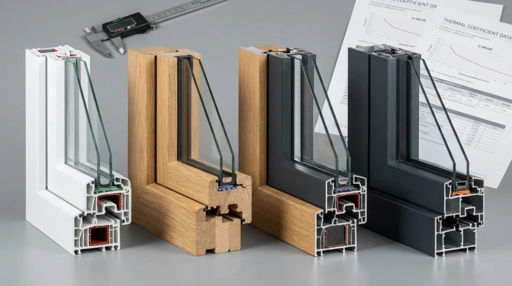 Vier Fensterrahmen-Querschnitte nebeneinander auf grauem Untergrund: ein weißes PVC-Profil, ein Rahmen aus natürlichem Eichenholz, ein Holz-Aluminium-Hybrid und ein weiteres modernes Material. Perfekt beleuchtet, um Details zu zeigen.