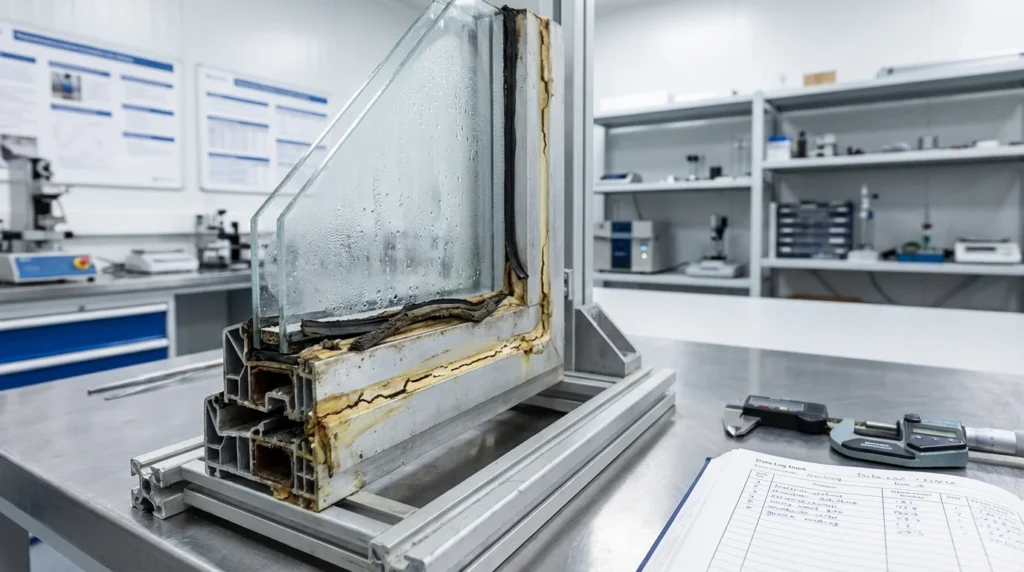 Professionelle Dokumentarfotografie eines Fensterschnitts in einem Materialprüflabor. Man sieht vergilbte Dichtungen und trübes Isolierglas, was auf Alterung hinweist.