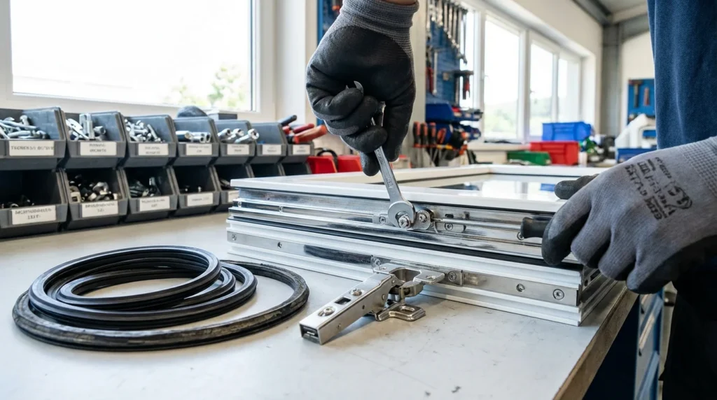 Nahaufnahme von den Händen eines Fenstertechnikers, der mit speziellen Werkzeugen an glänzenden Chrombeschlägen arbeitet. Man sieht die Komponenten des Kipp- und Drehmechanismus und leicht abgenutzte Gummidichtungen.