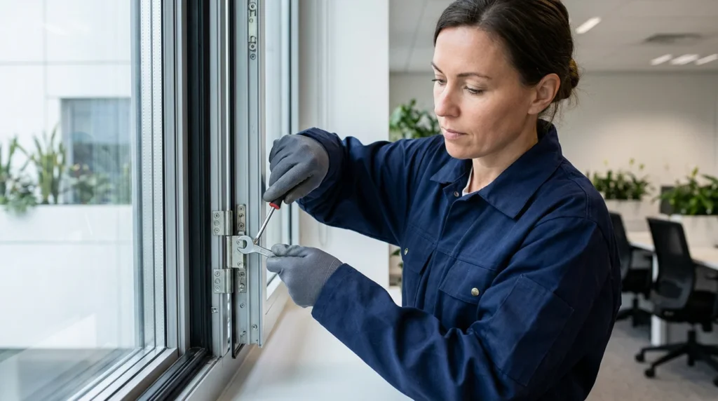 Nahaufnahme eines Gebäudetechnikers in Arbeitskleidung, der vorsichtig die Scharniere eines modernen dreifachverglasten Fensters mit Spezialwerkzeugen justiert. Man sieht seine konzentrierte Miene und die präzise Handarbeit.