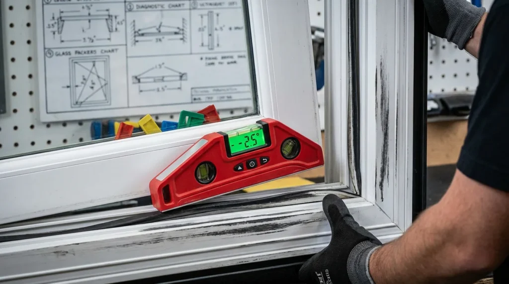 Ein Fenstertechniker überprüft ein gekipptes Fenster. Er benutzt ein digitales Messgerät, um die diagonale Verformung des Rahmens zu messen. Man sieht den konzentrierten Blick des Technikers und das Gerät in Nahaufnahme.