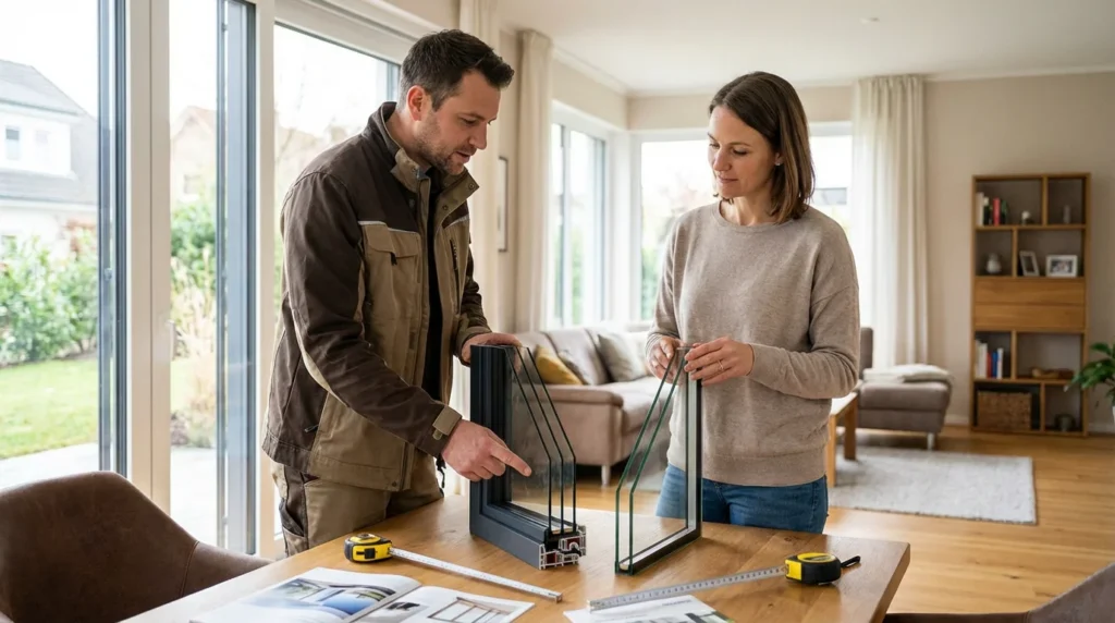Ein Fensterinstallateur zeigt einem Hausbesitzer in einem modernen deutschen Wohnzimmer zwei Glasscheiben: eine doppelt verglaste und eine dreifach verglaste. Beide stehen nebeneinander, während der Installateur die Unterschiede erklärt.