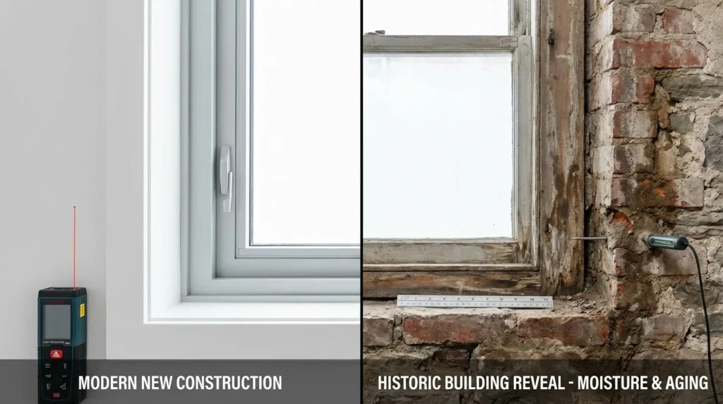 Ein professionelles Architekturfoto zeigt den Vergleich zweier Fensterinstallationen nebeneinander: Links ein modernes Fenster in einer makellos weißen Wand, rechts ein traditionelleres Fenster in einer älteren, leicht verwitterten Fassade.
