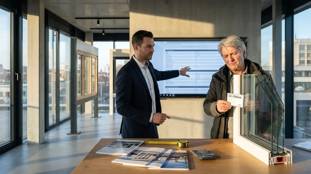 Ein Fensterverkäufer in einem modernen Showroom zeigt auf technische Datenblätter, während ein skeptischer Kunde die U-Wert-Etiketten an dreifach verglasten Fenstern genau betrachtet.
