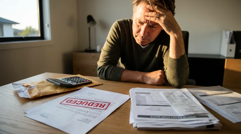 Ein frustrierter Hausbesitzer sitzt an einem Schreibtisch und überprüft Finanzunterlagen mit einem Taschenrechner. Ein Ablehnungsschreiben mit rotem "REDUZIERT"-Stempel liegt sichtbar daneben, umgeben von verstreuten Quittungen und Kostenvoranschläge