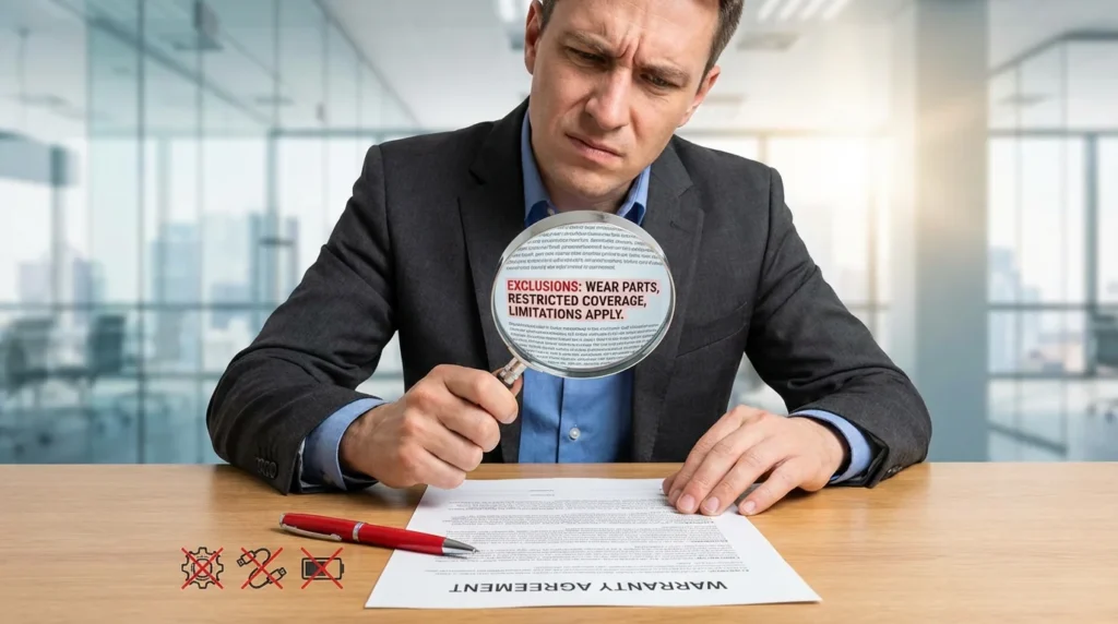 Eine Geschäftsperson in einem Büro liest aufmerksam das Kleingedruckte eines Garantiedokuments mit einer Lupe. Der Fokus liegt auf den hervorgehobenen Ausschlüssen und Einschränkungen im Text.
