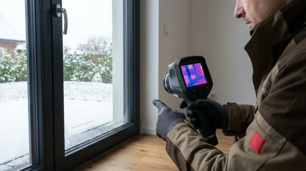 Ein Gebäudeinspektor steht in einem modernen deutschen Haus und benutzt eine Wärmebildkamera, um die Verbindung des Fensterrahmens von innen zu überprüfen. Man sieht den Inspektor konzentriert bei der Arbeit.