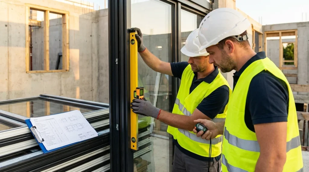 Zwei Handwerker auf einer Baustelle überprüfen mit einer Wasserwaage den neuen Fensterrahmen. Einer hält ein Präzisionsmessgerät, während sie konzentriert arbeiten. Im Hintergrund sind Baugerüste und Baugeräte zu sehen.
