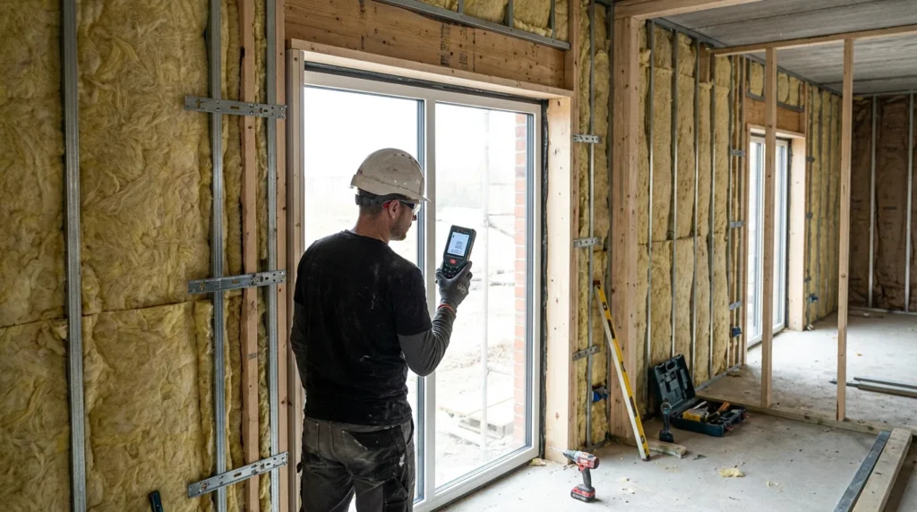 Ein Handwerker auf einer Baustelle misst mit einem digitalen Messgerät die Ausrichtung eines frisch eingebauten dreifach verglasten Fensters. Im Hintergrund sind weitere Bauarbeiten und Werkzeuge zu sehen.
