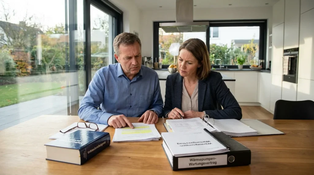 Ein deutscher Hausbesitzer sitzt mit einem Rechtsberater an einem modernen Küchentisch. Sie besprechen Garantiedokumente, während ein Servicevertrag für eine Wärmepumpe und ein Buch über Verbraucherschutzrecht auf dem Tisch liegen.