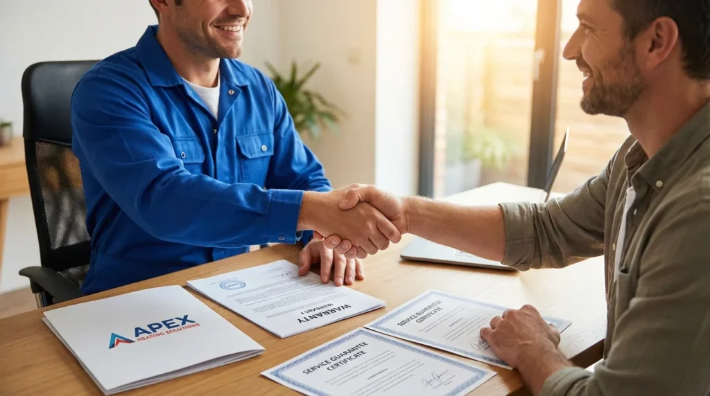 Ein Heiztechniker in sauberer Arbeitskleidung schüttelt die Hand eines Hausbesitzers. Auf dem Tisch liegen Garantiedokumente und Servicezertifikate. Beide wirken zufrieden und professionell.