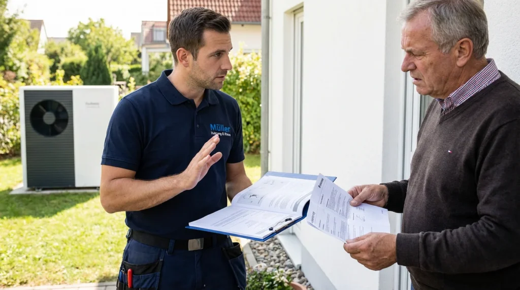 Ein professioneller deutscher Heizungs- und Klimatechniker in Arbeitskleidung spricht ernsthaft mit einem Hausbesitzer an der Haustür. Der Techniker hebt die Hände leicht und zeigt auf Herstellerdokumente.
