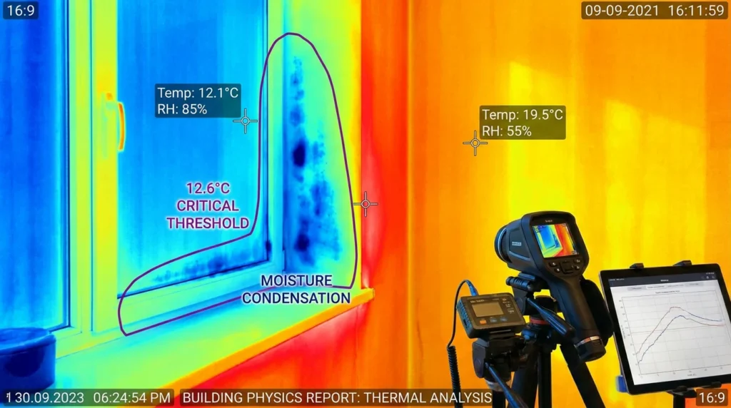 Ein Infrarotbild zeigt die Innenecke einer Gebäudewand. Man sieht farbliche Temperaturunterschiede, wobei ein Bereich mit der kritischen Temperatur von 12,6°C hervorsticht. Ideal zur Analyse von Wärmeverlusten.