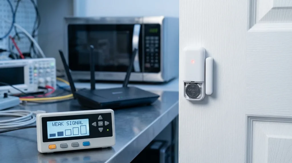 Ein kabelloser Tür-/Fenstersensor ist an einem weißen Türrahmen montiert. Man sieht eine kleine LED-Anzeige und das Batteriefach, das teilweise geöffnet ist und eine CR2032-Batterie zeigt. Im Hintergrund ist ein heller Raum zu erkennen.
