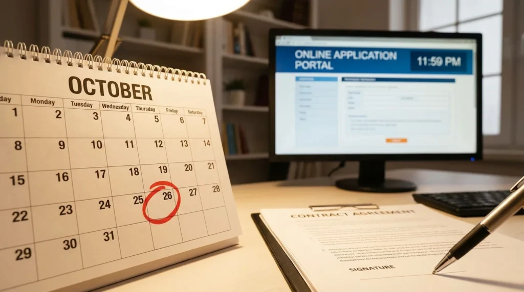 Ein professionelles Foto zeigt einen Wandkalender mit einem roten Kreis um ein bestimmtes Datum. Daneben sieht man einen Computerbildschirm mit einem Online-Bewerbungsportal und einen Vertragsentwurf auf dem Tisch.