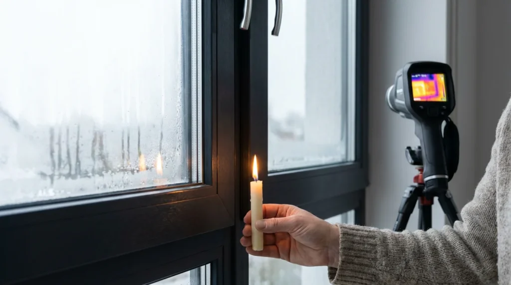 Eine Person hält eine brennende Kerze nahe an einem modernen Fensterrahmen, um Zugluft zu testen. Auf dem Glas sind Kondensationsmuster zu sehen. Die Wohnung wirkt stilvoll und gut gepflegt.