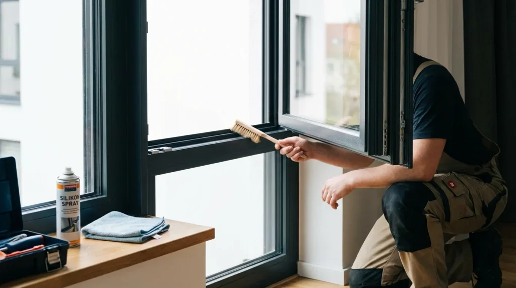 Ein Hausbesitzer reinigt sorgfältig die Abflusskanäle eines modernen Kippfensters in seiner Wohnung. Er benutzt eine kleine Bürste, um sicherzustellen, dass alles sauber und frei von Schmutz ist. Die Wohnung wirkt hell und zeitgemäß.