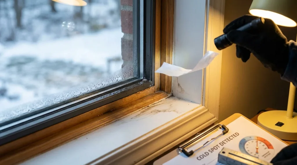 Nahaufnahme eines Fensters mit sichtbaren Kondenswassertropfen am Innenrahmen. Ein dünnes Stück Papier zeigt leichte Luftbewegungen an.
