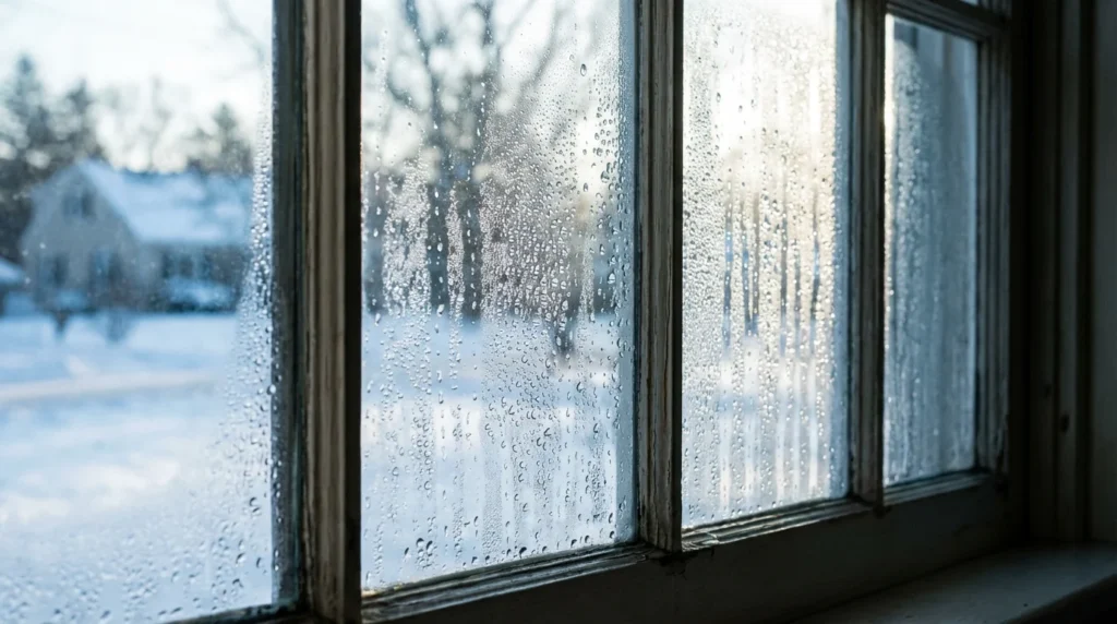 Ein Nahaufnahmefoto eines Wohnfensters mit Kondenswassertropfen auf der Innenseite des Glases. Sanftes Morgenlicht strömt herein und erzeugt eine weiche, diffuse Beleuchtung.