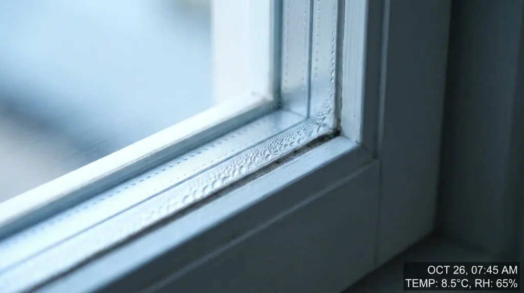 Nahaufnahme eines Fensters mit Kondenswasser an der Glaskante. Man sieht kleine Wassertropfen, die sich entlang des Aluminium-Abstandshalters eines Isolierglasfensters gebildet haben.