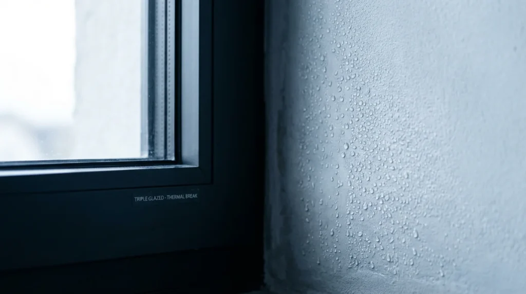Nahaufnahme von Kondenswassertropfen an einer kalten Innenwand neben einem modernen dreifach verglasten Fensterrahmen. Die Feuchtigkeit perlt und fängt das weiche Tageslicht ein, was ein interessantes Spiel von Licht und Schatten erzeugt.