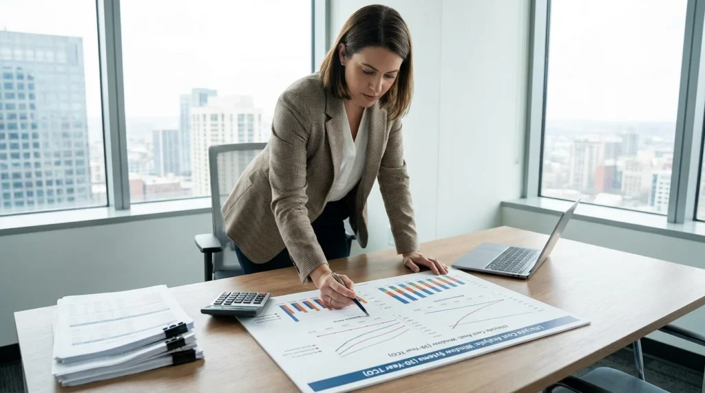 Ein Finanzanalyst betrachtet ein detailliertes Diagramm zu den Lebenszykluskosten von Fenstersystemen. Auf dem Diagramm sind Grafiken, die die Gesamtkostenaufteilung einschließlich der Anschaffungskosten zeigen.