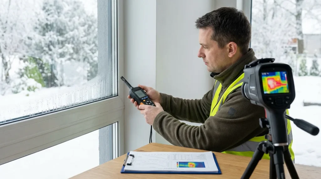 Ein Gebäudeexperte steht in einem modernen Raum und hält ein Handanemometer in der Nähe eines dreifach verglasten Fensters. Er misst die Luftbewegung an der Fenster-Wand-Verbindung. Eine Wärmebildkamera ist ebenfalls im Einsatz.
