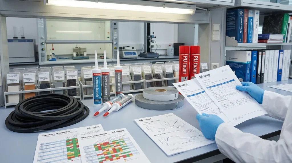 Ein professionelles Foto eines Labors für Materialtests. Auf dem Tisch sind verschiedene Fensterdichtungsmaterialien ordentlich angeordnet: EPDM-Dichtungen, Silikon-Dichtstoffe, Butylbänder und eine Dose mit PU-Schaum.