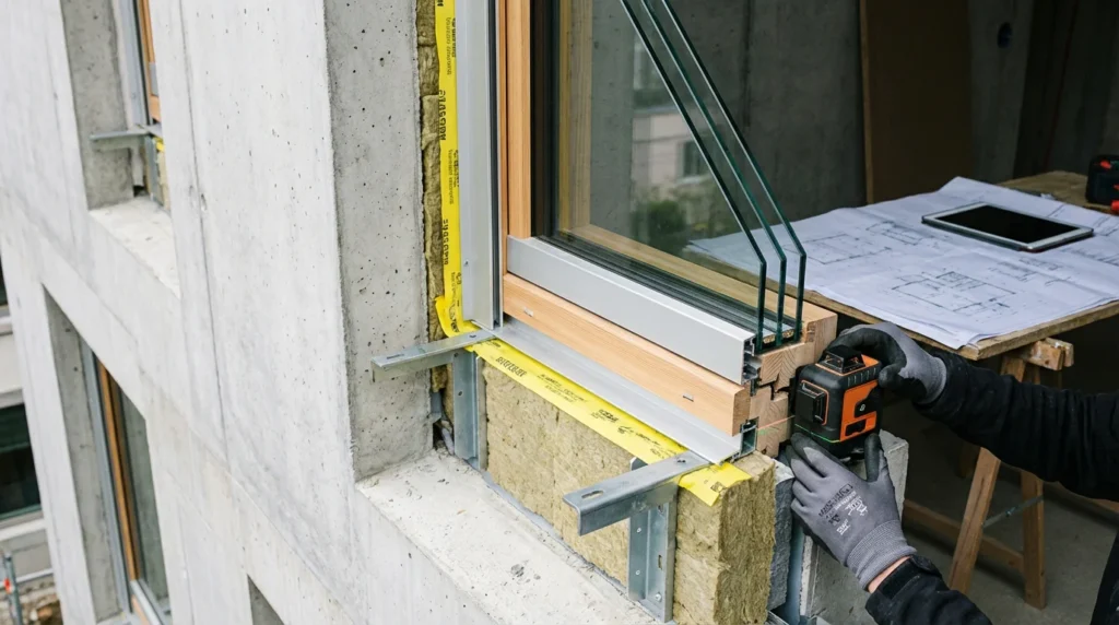 Nahaufnahme eines modernen dreifachverglasten Fensters, das in eine Betonfassade eingebaut wird. Man sieht die verschiedenen Schichten der Wärmedämmung und die luftdichte Membran. Ein Handwerker arbeitet konzentriert an der Montage.