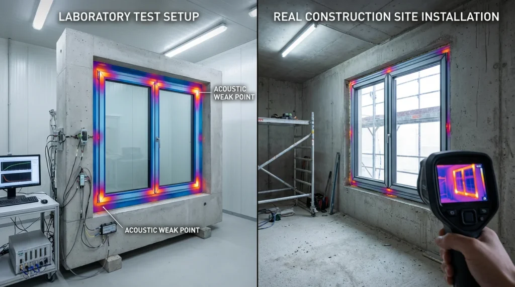 Ein modernes, dreifach verglastes Fenster in einer Betonwand. Eine Wärmebildaufnahme zeigt Schwachstellen bei den Rahmenverbindungen. Das Bild hebt die innovative Architektur und die technische Präzision hervor.