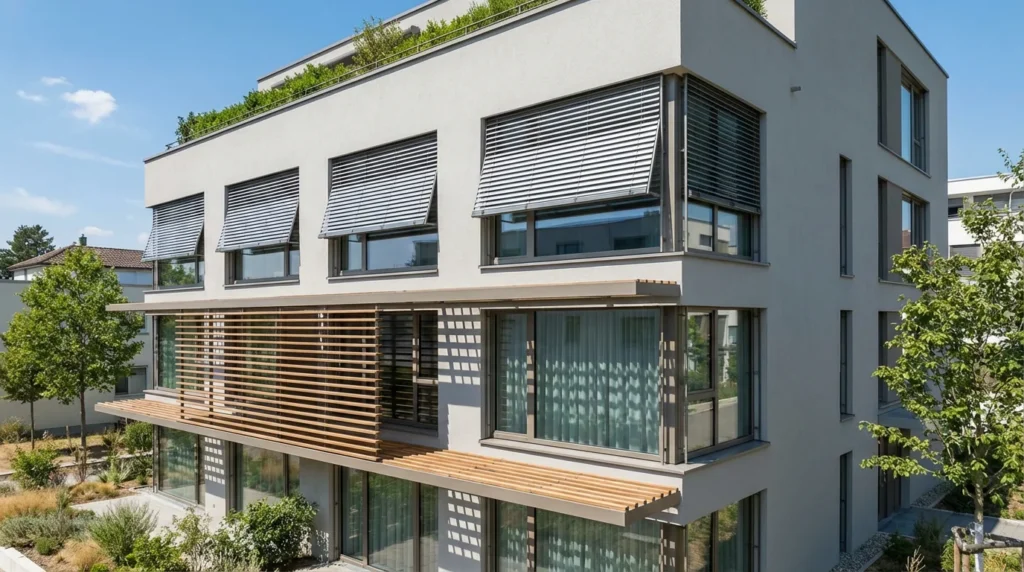 Ein modernes Gebäude mit einer stilvollen Fassade. Außenjalousien sind motorisiert und schräg gestellt, um vor Sommerhitze zu schützen. Die Architektur wirkt elegant und funktional zugleich.