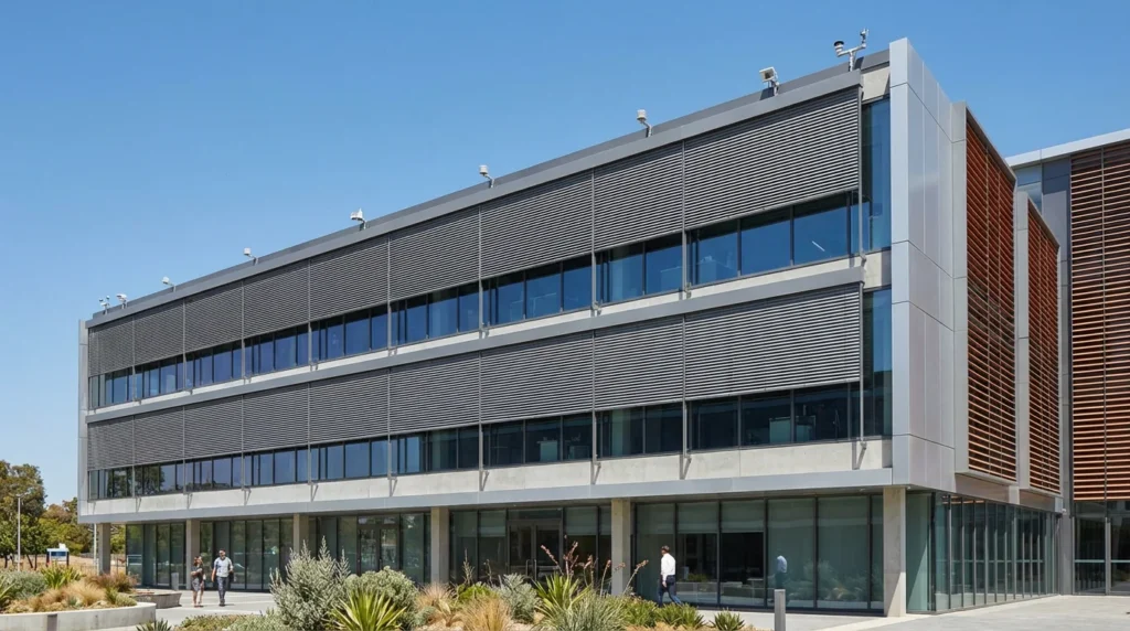 Ein modernes Gebäude mit großer Glasfassade, auf der motorisierte Außenjalousien teilweise geschlossen sind. Die Sonnenschutzsysteme sind elegant integriert und verleihen der Architektur ein stilvolles und funktionales Aussehen.