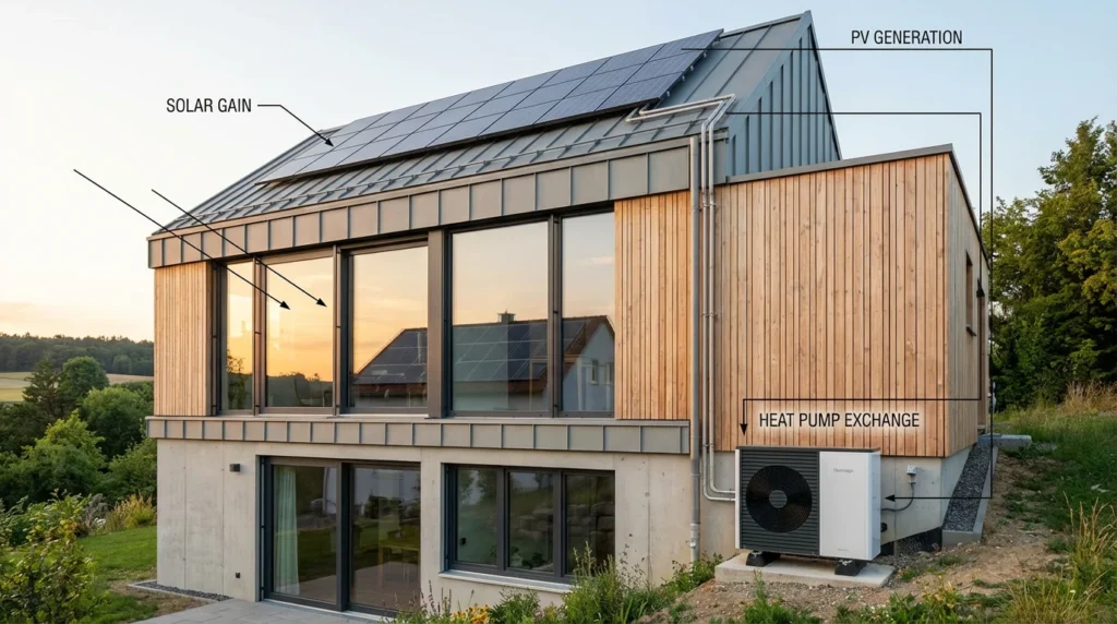 Moderne, energieeffiziente Hausfassade bei Sonnenuntergang. Große, dreifach verglaste Fenster spiegeln die Sonne wider. Auf dem Dach sind Photovoltaik-Paneele zu sehen. Die warmen Farben des Lichts verleihen dem Haus eine gemütliche Ausstrahlung.