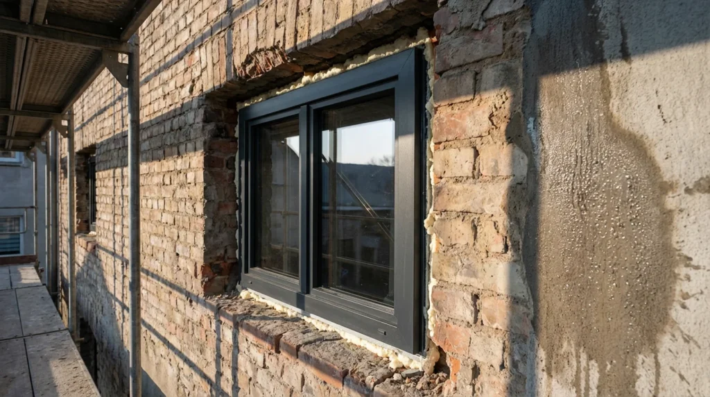 Ein modernes, halb eingebautes dreifachverglastes Fenster in einer alten, ungedämmten Backsteinfassade. Der Kontrast zwischen dem eleganten neuen Rahmen und den verwitterten Ziegeln ist deutlich sichtbar.