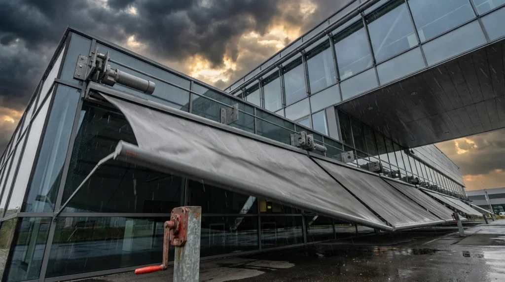Ein modernes Geschäftsgebäude mit ausfahrbarer Markise, aufgenommen aus einem dramatischen Winkel. Der Himmel ist mit dunklen, stürmischen Wolken bedeckt und der Wind bläst kräftig in das Markisentuch.