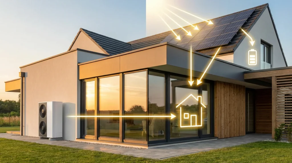 Ein modernes Wohngebäude bei goldener Stunde: Große Fenster spiegeln das warme Sonnenlicht wider, an der Seitenwand ist eine weiße Wärmepumpe montiert und auf dem Dach sind Solarpaneele zu sehen.