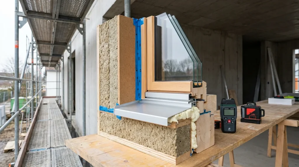 Detailaufnahme einer Baustelle: Ein Querschnitt eines Passivhaus-Fensters zeigt die Verbindung zwischen dem dreifach verglasten Fensterrahmen und der Dämmung. Man sieht, wie sorgfältig alles eingebaut wird, um Wärmeverluste zu vermeiden.