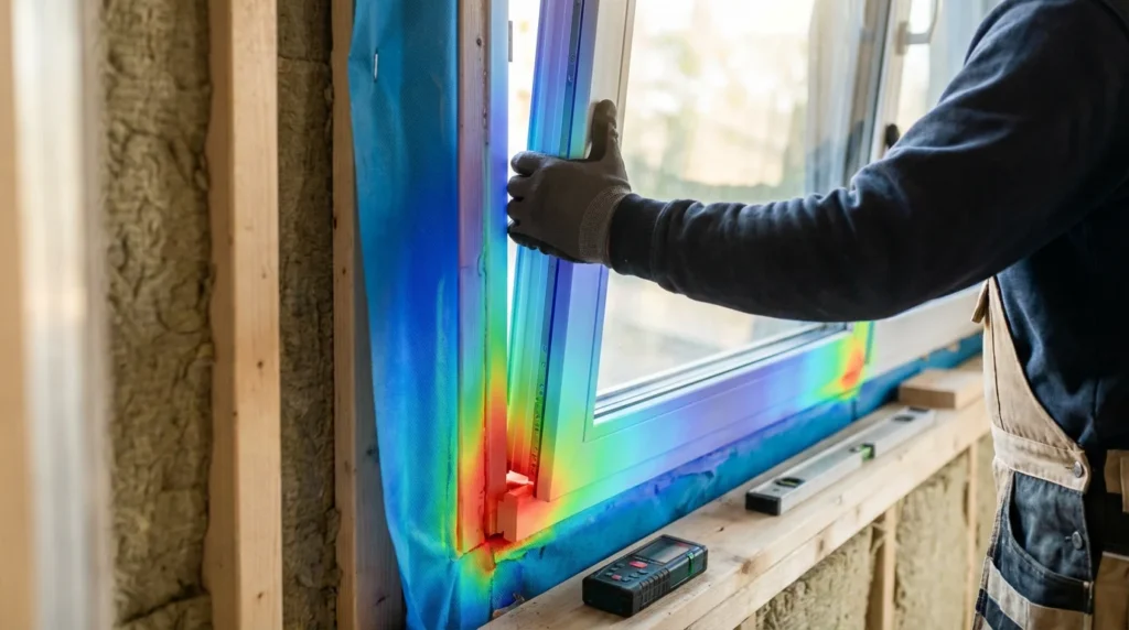 Ein Bauarbeiter montiert ein zertifiziertes Passivhausfenster in eine Holzrahmenwand. Eine Wärmebildaufnahme zeigt Wärmebrücken an den Verbindungsstellen. Im Hintergrund sind Bauwerkzeuge und Materialien zu sehen.