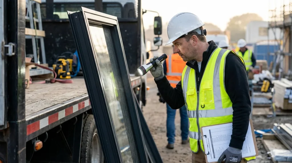 Ein Qualitätsprüfer in Sicherheitsweste und Helm untersucht ein neu geliefertes Fensterelement auf einer Baustelle. Er benutzt eine LED-Taschenlampe, um die Oberfläche aus einem bestimmten Winkel zu überprüfen.