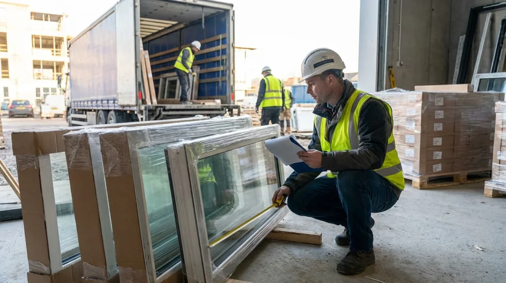 Ein Qualitätsprüfer steht mit einem Klemmbrett an einer Baustelle und überprüft neue Fensterlieferungen. Er vergleicht die Dokumentation mit den tatsächlichen Produkten. Im Hintergrund ist ein Lieferwagen zu sehen.