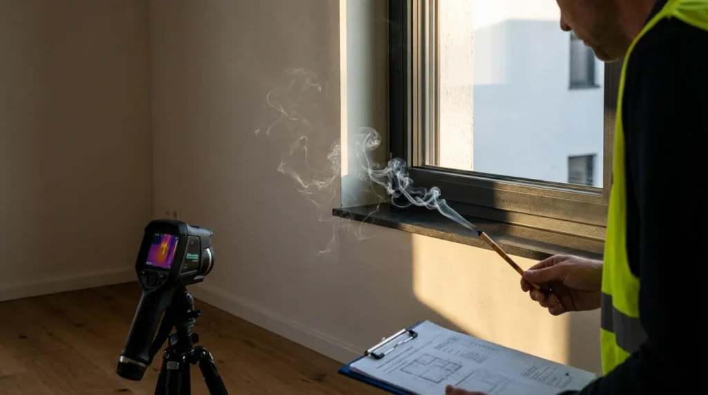 Ein Bauinspektor führt einen Rauchtest an einem neu installierten Fensterrahmen durch. Man sieht, wie der Rauch die Luftströmung anzeigt und mögliche undichte Stellen aufzeigt. Der Inspektor konzentriert sich auf die Details der Installation.