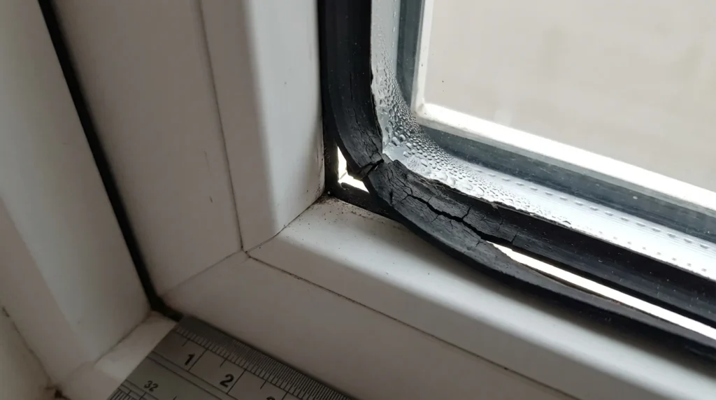 Nahaufnahme eines alten Fenstergummis, der nach 12 Jahren Risse und Verhärtungen zeigt. Der schwarze EPDM-Dichtungsgummi löst sich vom weißen PVC-Rahmen.