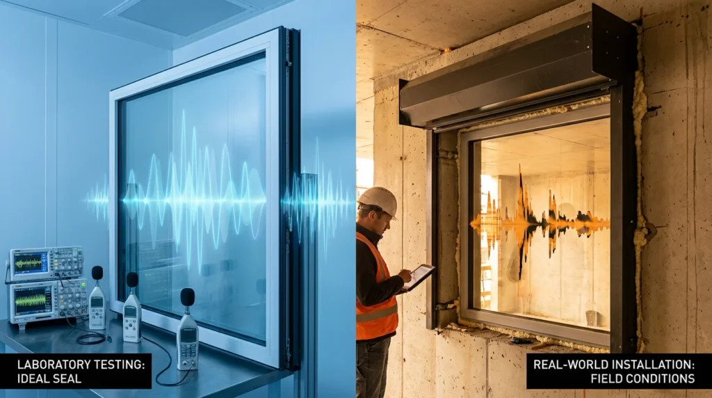 Ein modernes Fenster mit Schallwellen-Darstellung, das in einer professionellen Aufnahme zu sehen ist. Links das Fenster in einem Labor, rechts in einem alltäglichen Wohnumfeld. Der Vergleich zeigt die Schallisolierung in beiden Szenarien.