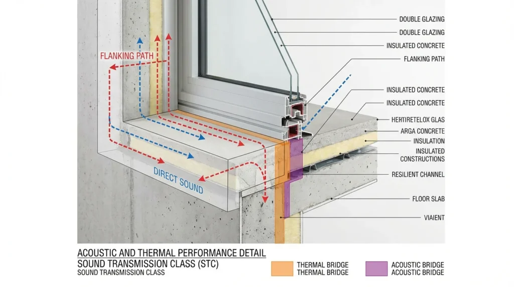 Ein professionelles Architekturfoto zeigt einen Querschnitt einer Fenster-Wand-Verbindung. Pfeile veranschaulichen, wie Schall übertragen wird. Die Details der Konstruktion sind klar erkennbar.