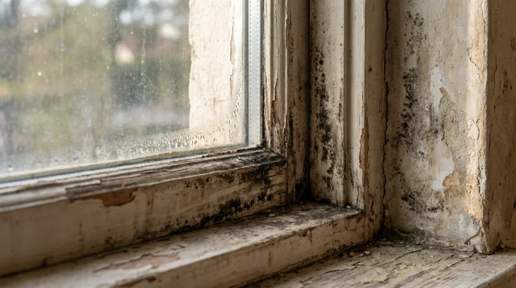 Ein Foto zeigt den Fensterrahmen eines älteren Gebäudes mit Schimmelbefall. Dunkle Flecken und Verfärbungen sind sichtbar, wo das dreifach verglaste Fenster auf die schlecht isolierte Wand trifft.
