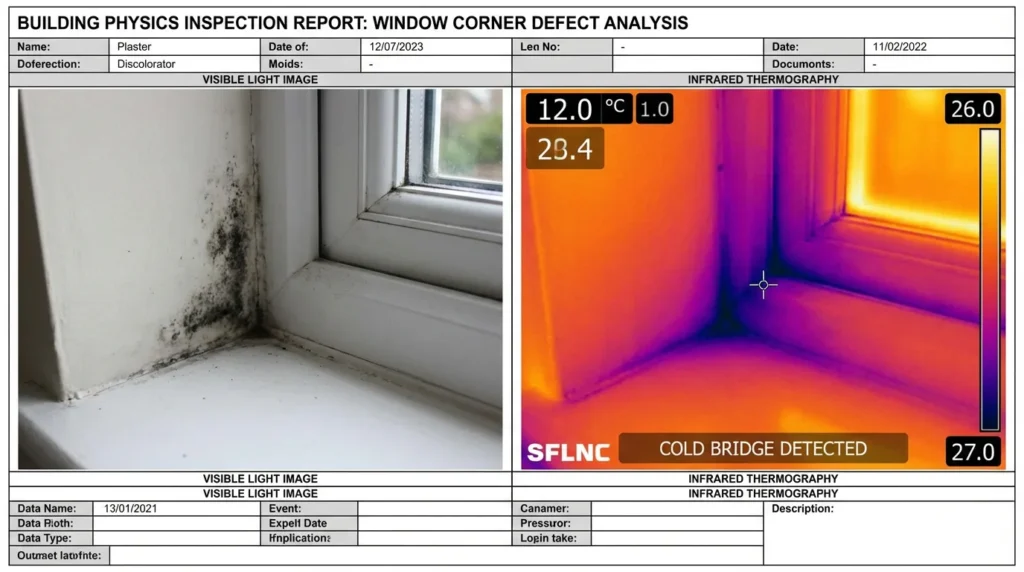 Ein professionelles Wärmebild zeigt eine Fensterecke mit schwarzem Schimmel in der Ecke. Auf der anderen Seite sieht man das gleiche Bild im Infrarot, das die Temperaturunterschiede deutlich macht.