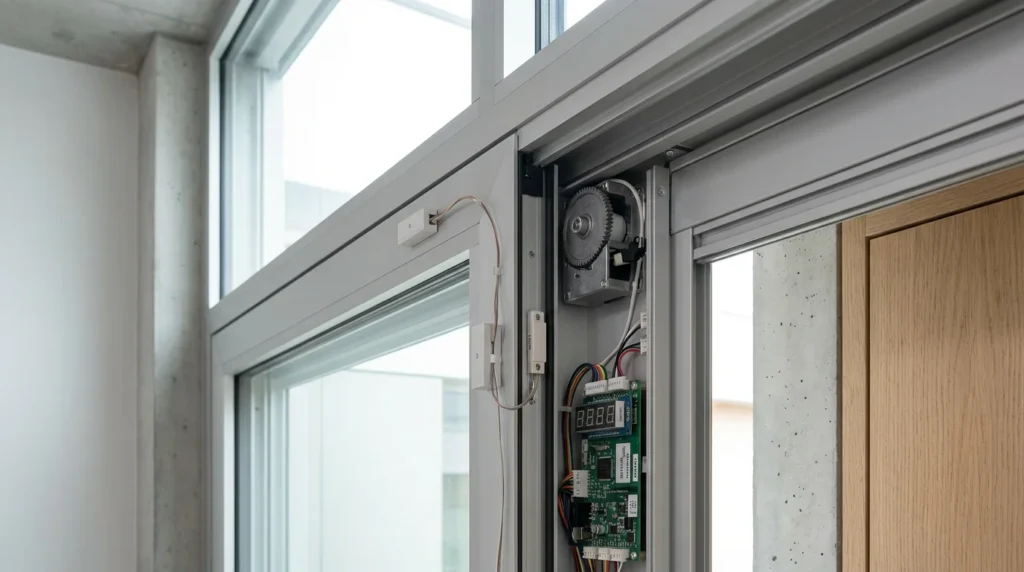 Nahaufnahme eines modernen Smart-Fensters in einem zeitgenössischen Gebäude. Man sieht integrierte Kontaktsensoren, ein automatisiertes Belüftungssystem und motorisierte Jalousien. Alles wirkt sehr fortschrittlich und gut integriert.